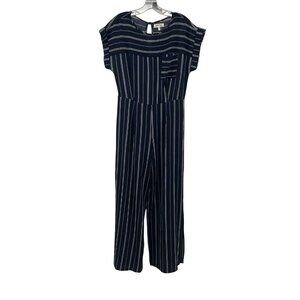 Monteau Womens Striped Jumpsuit Wide Leg Short Sleeve Navy/White Size Large